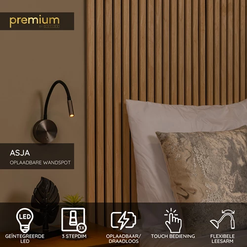 Lucide ASJA - Oplaadbare Wandspot / Wandlamp - Accu/Batterij - LED 3 StepDim - 1x3W 2700K - Grijs ijzer | Premium - USP